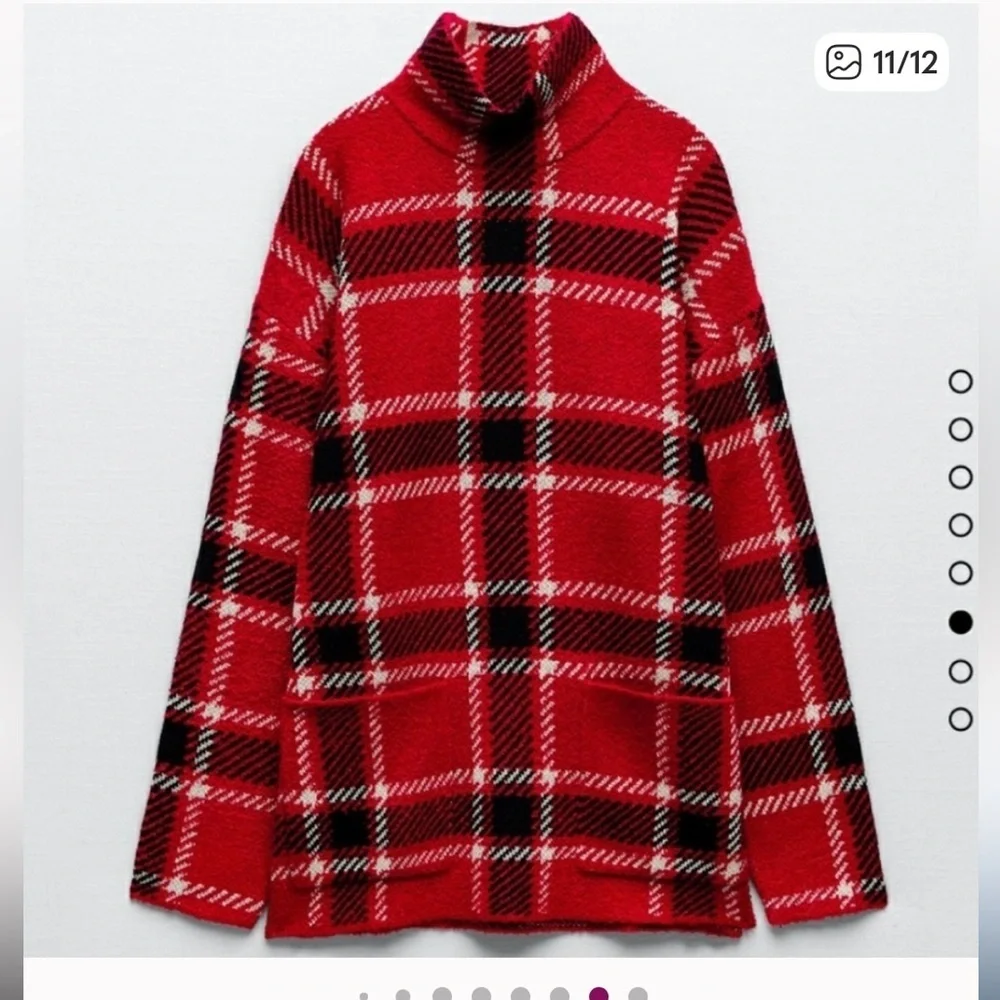 Zara Red and Black Plaid Knit Sweater with Pouch Pockets - Picture 1 of 9